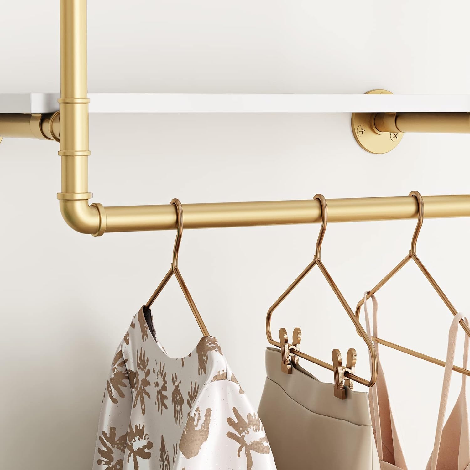 HOMEKAYT 24 Industrial Pipe Shelving, Floating Wall Shelves 3 Tier Gold Shelves with Haning Rod Multiple Use for Kitchen, Bedroom,Living Room,Bathroom